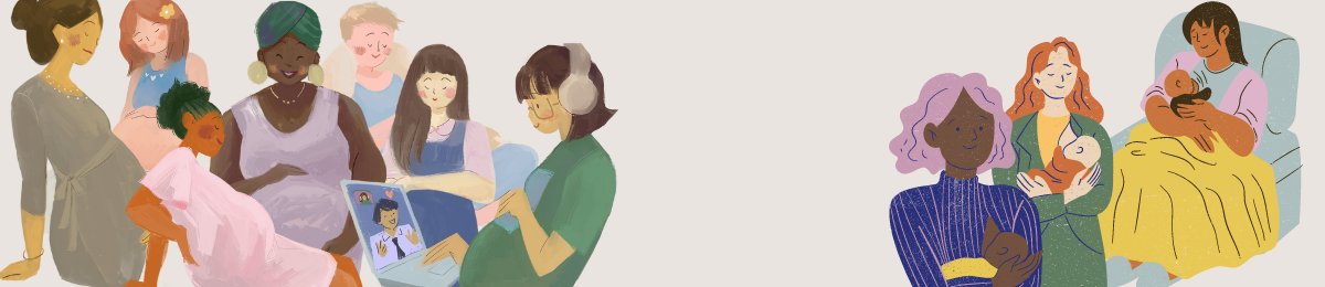 Drawing of several pregnant people and people with babies.