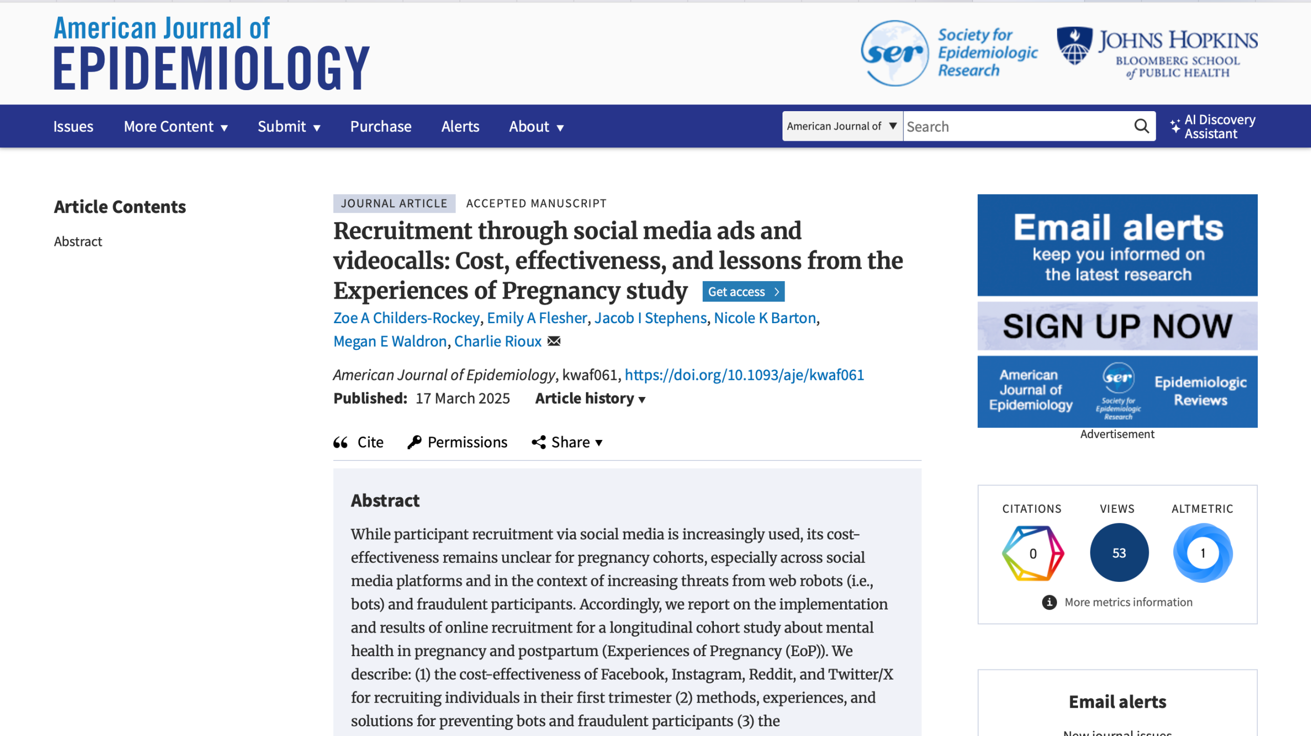 Recruitment through social media ads and videocalls: Cost, effectiveness, and lessons from the Experiences of Pregnancy study